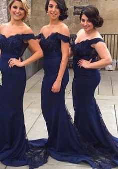 Open Back Sleeves Navy Blue Lace Mermaid Bridesmaid Dresses