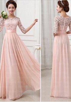 Half Long Sleeves Pink Lace Chiffon Bridesmaid Dress