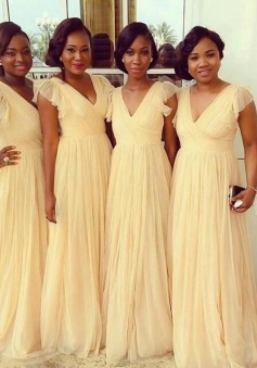 Simle Cap Sleeves Long V Neck Chiffon Bridesmaid Dress