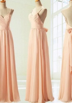 Spaghetti Straps Open Back Peach V Neck Sample Blush Chiffon Long Bridesmaid Dress