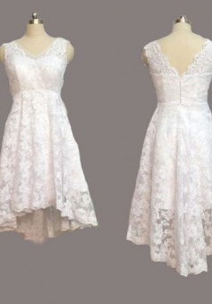 Vintage V Neck High Low Lace Front Short Beach Wedding Dress