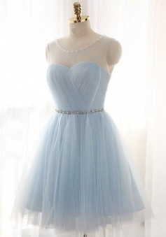 Light Blue Scoop Neck Tulle Short Prom/Homecoming Dresses