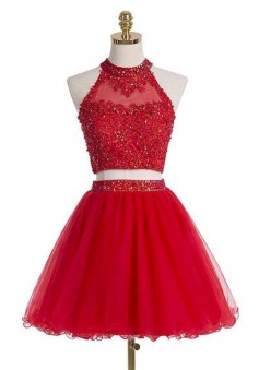 Two-Piece Beaded Embellished Halter Neck Cropped Bodice Tulle Red Short Homecoming Dress