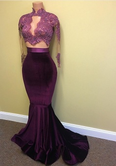 Two Piece High-Neck Mermaid Long-Sleeve Lace-Appliques Sexy Lace Prom Dress