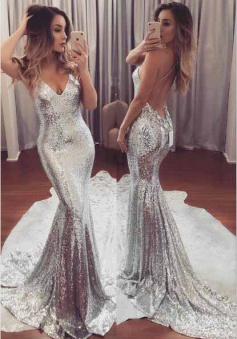 Sexy Mermaid Silver Sequined Backless Prom Dress Long Evening Dress