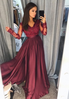 Sexy A Line Burgundy Long Sleeve 2018 Lace Prom Dress With Split