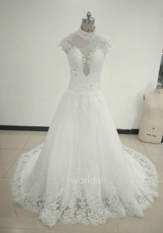 A-Line Cap Sleeves Princess Lace Wedding Dress