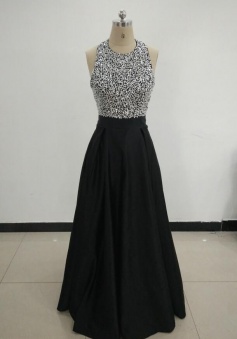 A Line Halter Beading Long Prom Dress