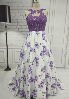 A-Line Sleeveless Printing Lace Prom Dress