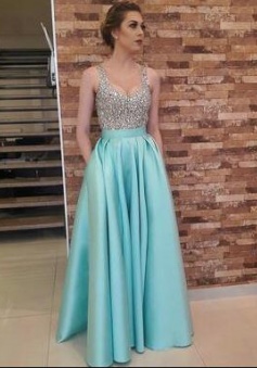 Sexy A-line Long Satin Beaded Prom Dresses Sexy Party Dress with Pockets