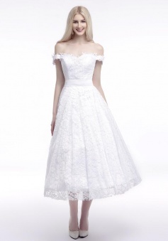 Off Shoulder A-line Tea-Length Appliques Lace Wedding Dresses