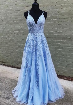 New Arrival A-line V-neck Appliques Lace Floor-length Prom Dresses