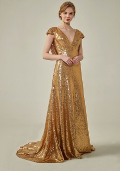 Metallic V-Neck Gold Sequined Cowl Back Bridesmaid Dress