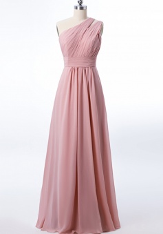 One Shoulder with Double-Straps Detail Pleated Bodice Floor Length Chiffon Bridesmaid Dress