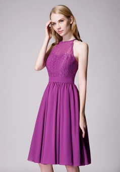 Illusion High Neck Halter Lace Short Bridesmaid Dress with Tie Detail