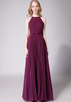 Fit-and-Flare Slit High-Neck Halter Bridesmaid Dress with Bowknot