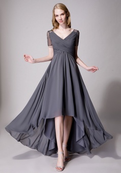 Criss Pleated V-neck High-low Chiffon Bridesmaid Dress with Illusion Sleeves