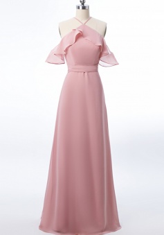 Halter Neckline with Flouncing Off Shoulder Keyhole Back Bridesmaid Dress with Belt