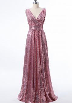 V Neck Ruched Bodice Glitter Sequin Bridesmaid Dress