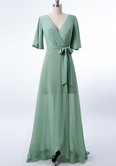 V Neck and Back Tied Waist Ruffled Hem Chiffon Bridesmaid Dress with Side Slit