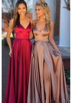 Spaghetti Strap V Neckline High Split Luxe Satin Bridesmaid Dress with Train