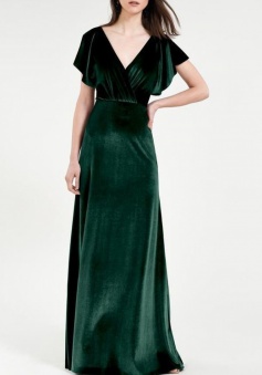 V Neck and Deep V Back Wrap Flounce Sleeve Luxe Stretch Velvet Bridesmaid Dress