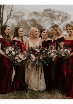 Off the Shoulder Luxe Stretch Velvet Bridesmaid Dress with Train