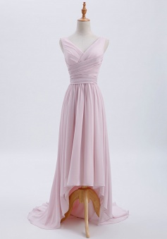 Romantic High-Low V-Neck Chiffon Ruched Bridesmaid Dress