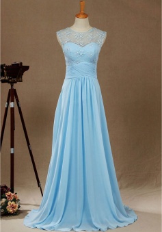 Lace Illusion Back Scoop Criss-Pleated Waist Bridesmaid Dress Long