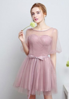 Tulle Illusion Scoop Corset Back Short Sleeve Bridesmaid Dress with Sash