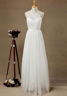 Illusion Halter Neckline Tulle Bridesmaid Dress Long