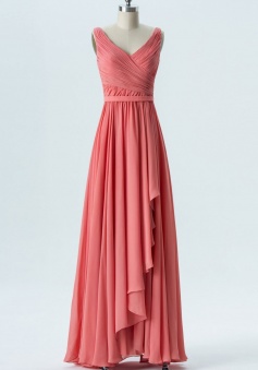 V Neck & Back Pleated Chiffon Tank Bridesmaid Dress with Ruffle