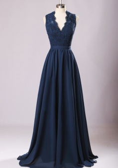 Keyhole Back Lace V Neck Chiffon Bridesmaid Dress Long