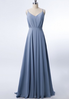 Adjustable Spaghetti Strap V Neck & Back Soft Ruched A-line Bridesmaid Dress