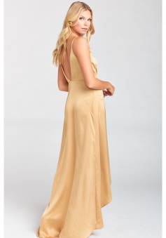 Spaghetti Straps V Neck and Back Wrap Luxe Satin Bridesmaid Dress with Ruffled Slit