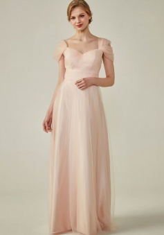 Sweetheart Neckline Cold Shoulder Long V back Tulle Bridesmaid Dress