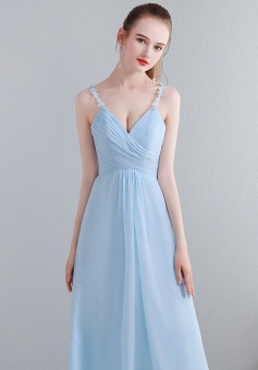 Lace Spaghetti Straps Illusion V Neck & Back Chiffon Bridesmaid Dress