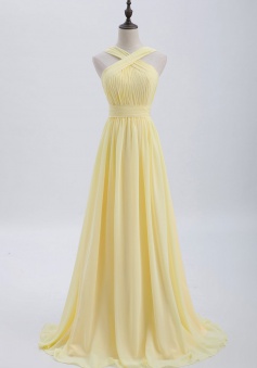 Criss-cross Halter Pleated Chiffon Bridesmaid Dress with Cross-straps Back