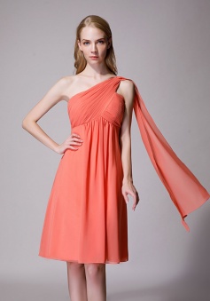 One-Shoulder Pleated Chiffon Short Bridesmaid Dress With Flowing Cape