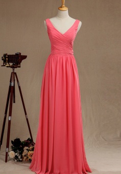 Sexy Tank V Neck & Back Pleated Chiffon Bridesmaid Dress Long