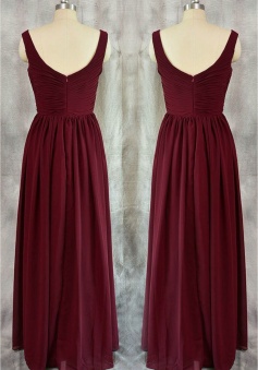 V Neck Pleated A-Line Bridesmaid Dress Long