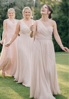 Asymmetrical One Shoulder Pleated A-Line Bridesmaid Dress