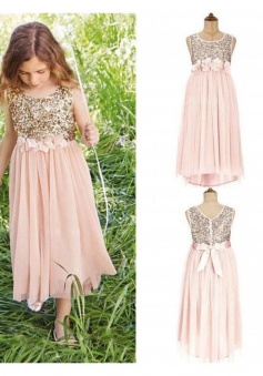 Scoop Neck Sequin Top Floral belt with bowknot Junior Bridesmaid Dress with Chiffon Skirt