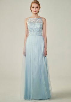 Tulle Lace Illusion Boatneck and Back Bridesmaid Dress with Keyhole