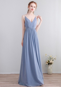 V Neck Ruffle Back with Lace Spaghetti Straps Chiffon Bridesmaid Dress