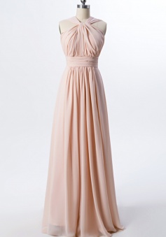 Twisted Halter Neck Pleated Bodice Illusion Back Chiffon Long Bridesmaid Dress