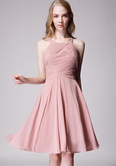 Elegant Halter Tea Length Pleated Chiffon Bridesmaid Dress with Tie Back