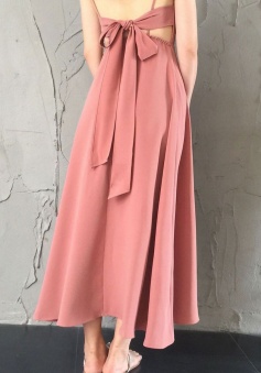 Spaghetti Straps V Neck Bow Back Bridesmaid Dress Long