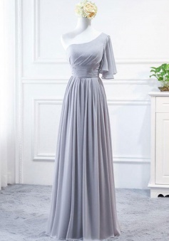 Asymmetrical Flutter Sleeve One Shoulder Corset Bridesmaid Dress Long