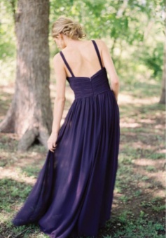 Straps Criss-Pleated V Neck Bridesmaid Dress Long